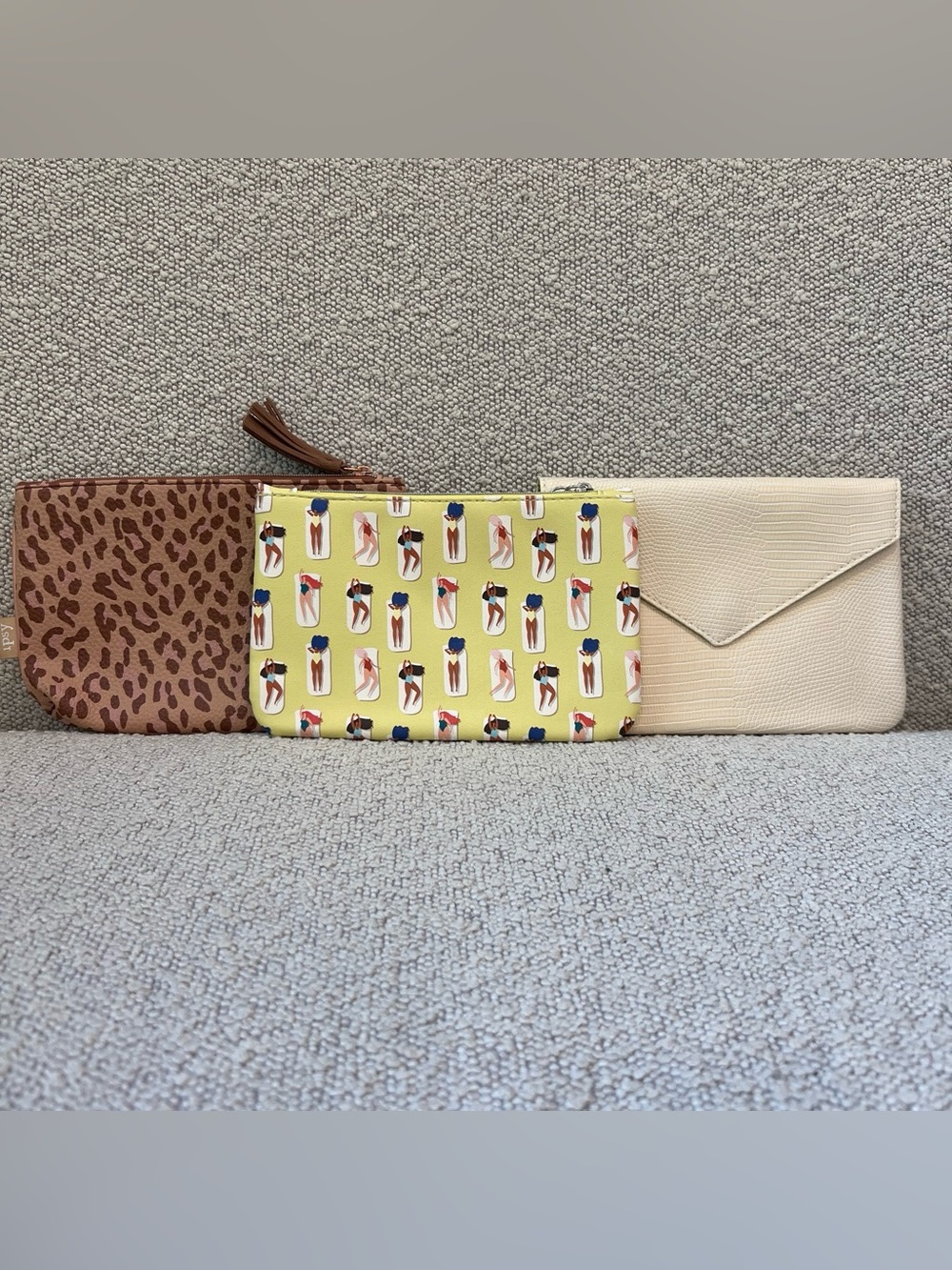 ipsy Trio Set: Leopard Brown, Yellow Print, Cream Clutch